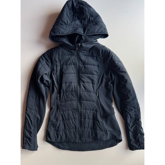 LULULEMON Extra Mile Navy Tech Fleece Removable Dickey Hooded Jacket, Size 4 - Picture 6 of 16